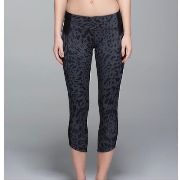 Lululemon Just Breathe Gray & Back Leopard Print Mesh Panel Crop Legging 4 - Picture 1 of 11